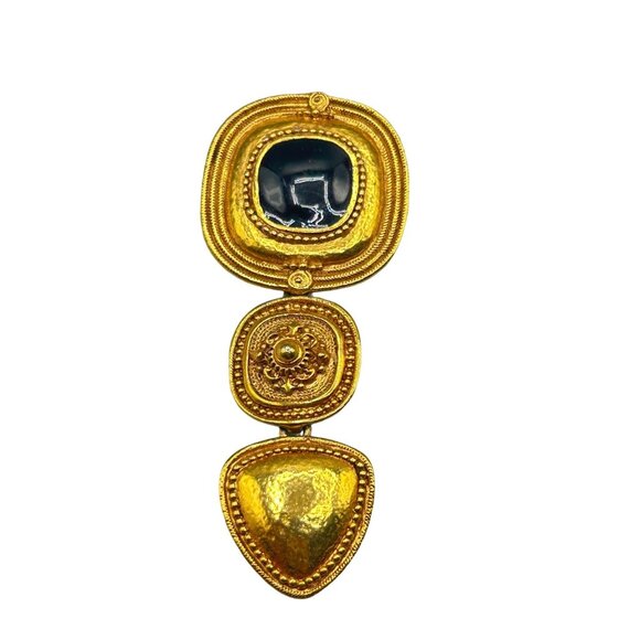 Matte Gold Tone Oversized Pin Brooch Etruscan Revival Geometric Black Enamel - Picture 1 of 6